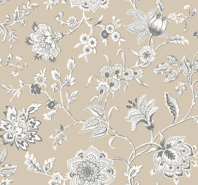 Sutton Taupe Wallpaper with Toile Floral Trail in Coastal Style - York RT7822