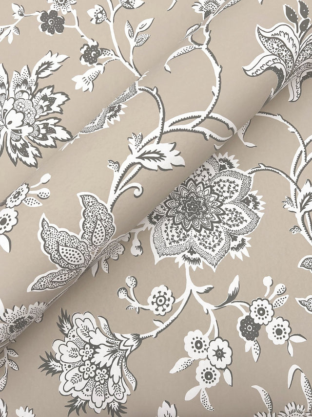Sutton Taupe Wallpaper with Toile Floral Trail in Coastal Style - York RT7822