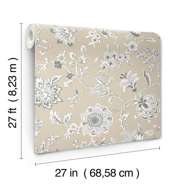 Sutton Taupe Wallpaper with Toile Floral Trail in Coastal Style - York RT7822