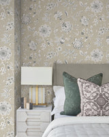 Sutton Taupe Wallpaper with Toile Floral Trail in Coastal Style - York RT7822