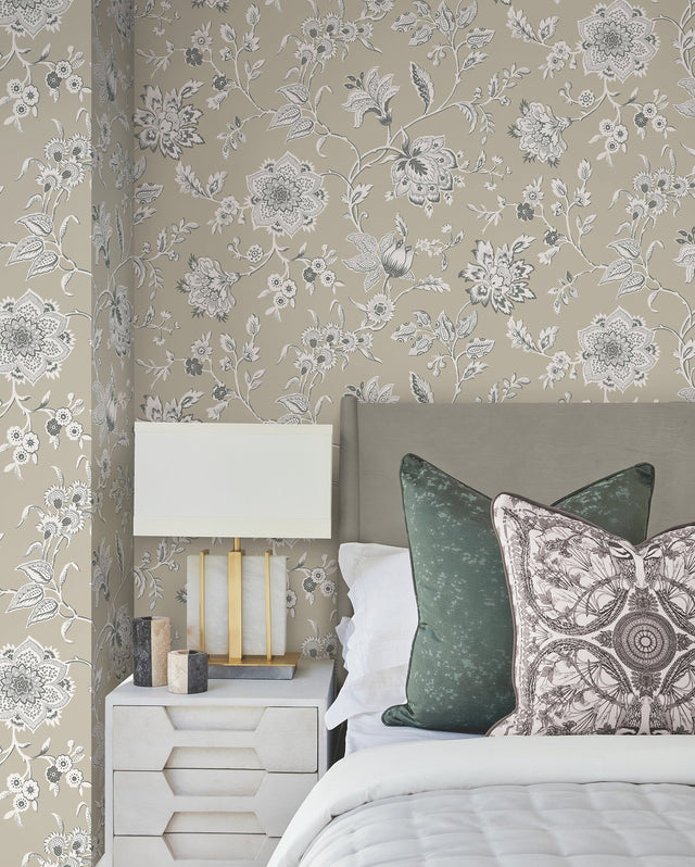 Sutton Taupe Wallpaper with Toile Floral Trail in Coastal Style - York RT7822
