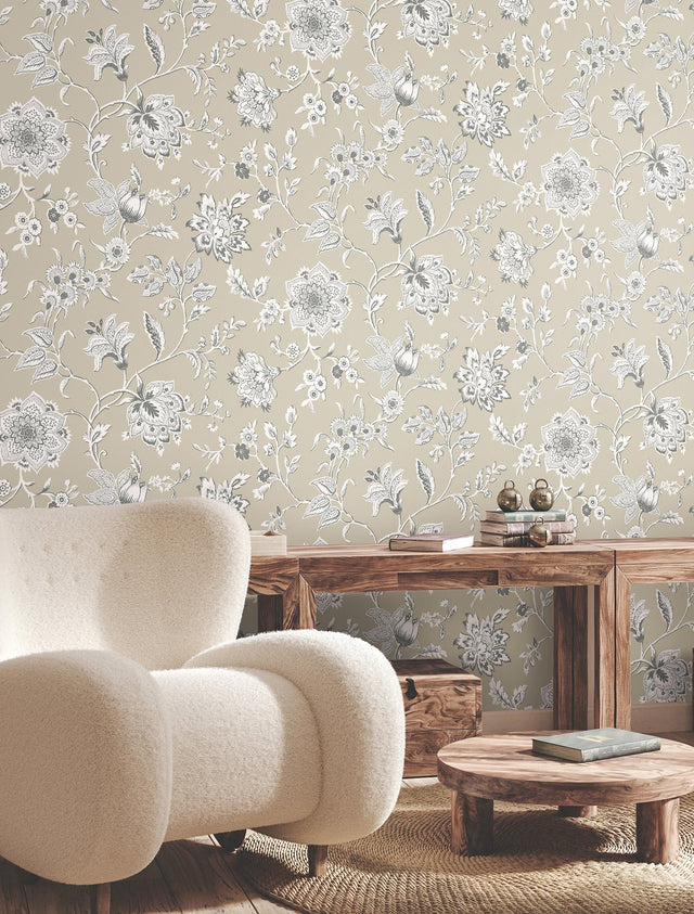 Sutton Taupe Wallpaper with Toile Floral Trail in Coastal Style - York RT7822