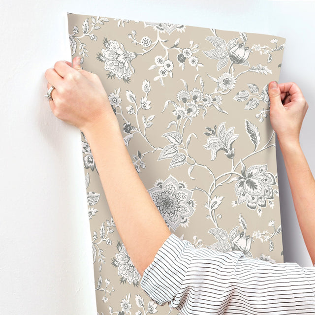 Sutton Taupe Wallpaper with Toile Floral Trail in Coastal Style - York RT7822