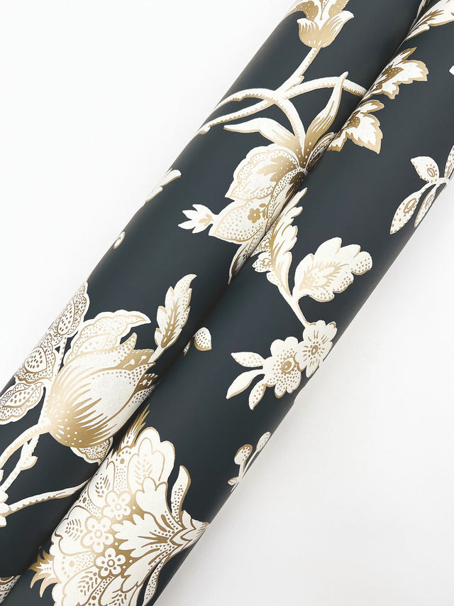 Sutton Black Wallpaper with Metallic Jacobean Toile Floral - York RT7824