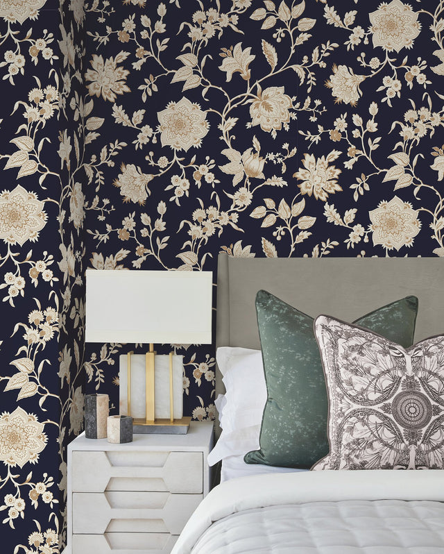 Sutton Black Wallpaper with Metallic Jacobean Toile Floral - York RT7824