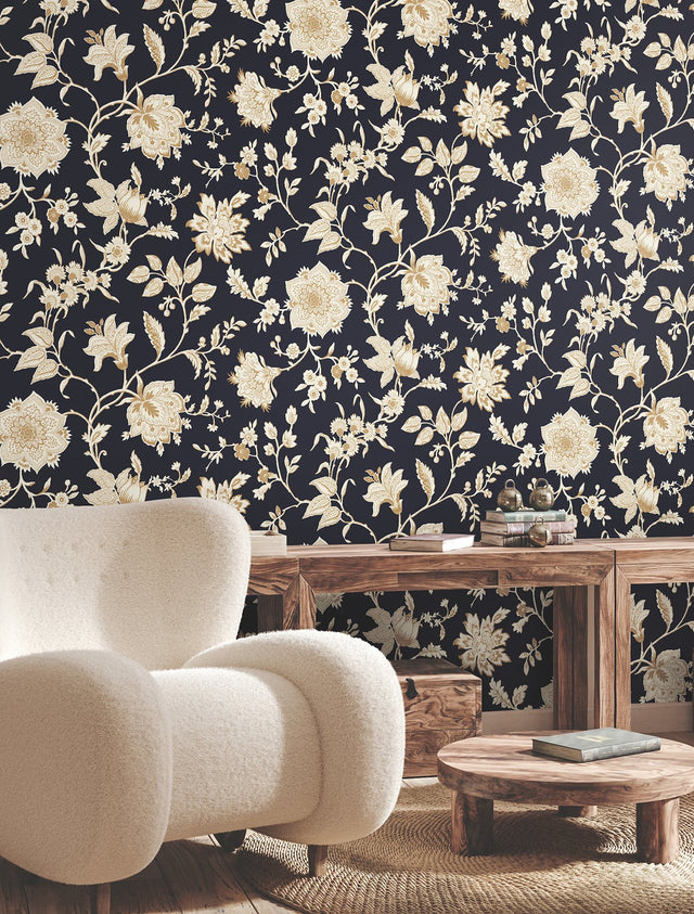Sutton Black Wallpaper with Metallic Jacobean Toile Floral - York RT7824