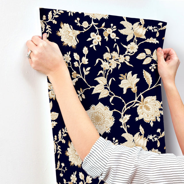 Sutton Black Wallpaper with Metallic Jacobean Toile Floral - York RT7824