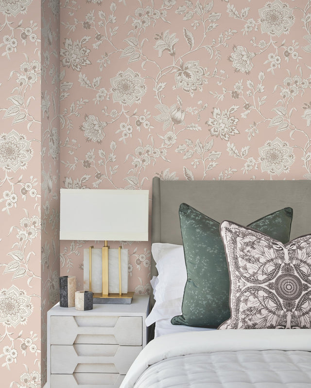 Sutton Blush Wallpaper with Toile Floral Motif - York RT7825