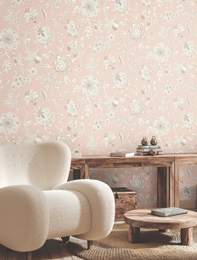 Sutton Blush Wallpaper with Toile Floral Motif - York RT7825
