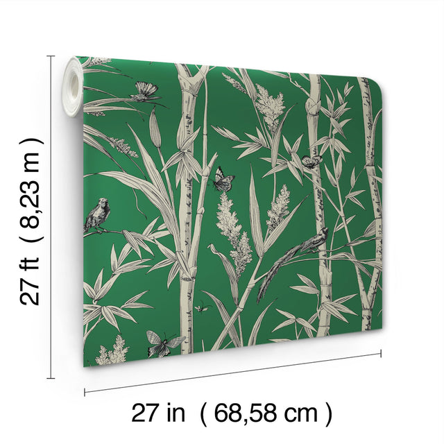Bambou Toile Green Wallpaper with Botanical Bamboo and Wildlife Motif - York RT7831