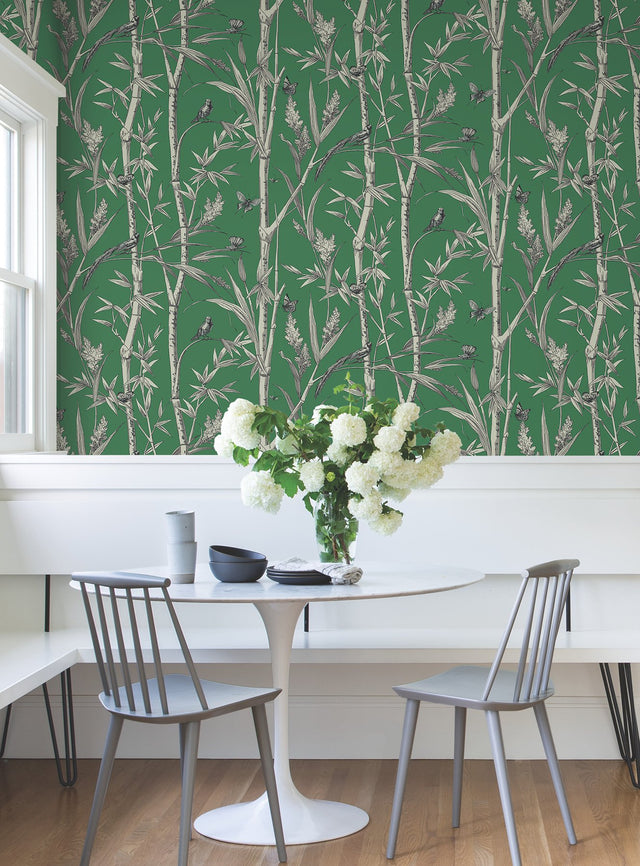 Bambou Toile Green Wallpaper with Botanical Bamboo and Wildlife Motif - York RT7831