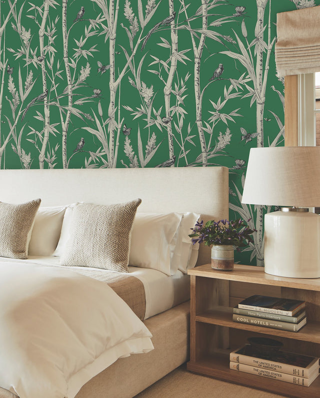Bambou Toile Green Wallpaper with Botanical Bamboo and Wildlife Motif - York RT7831