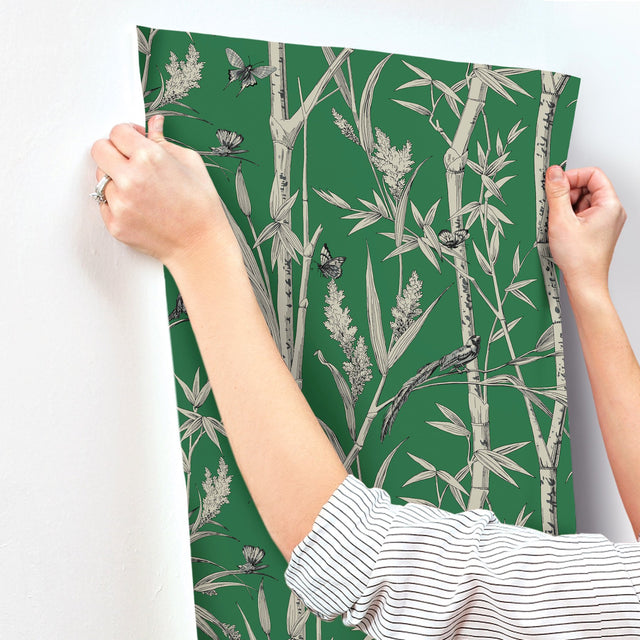 Bambou Toile Green Wallpaper with Botanical Bamboo and Wildlife Motif - York RT7831