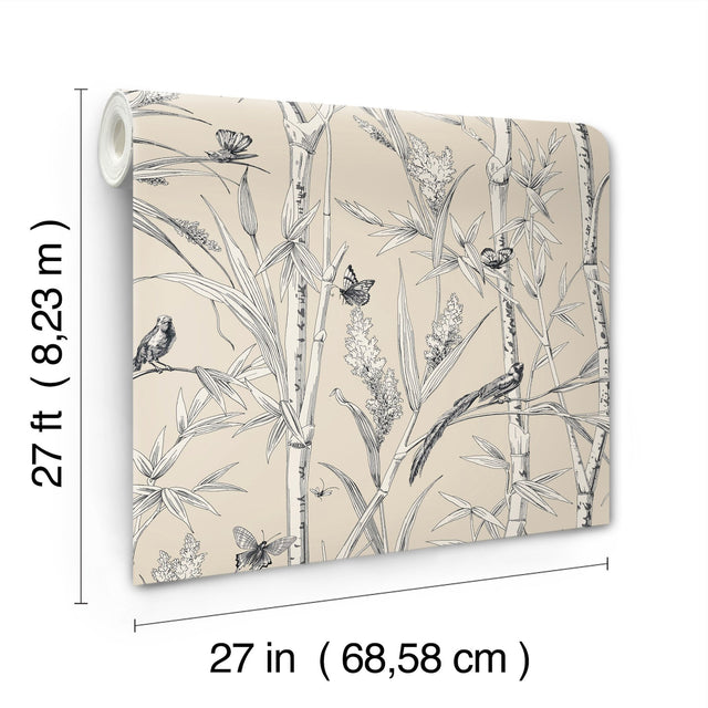 Bambou Toile Beige Wallpaper with Botanical Toile Motif - York RT7832