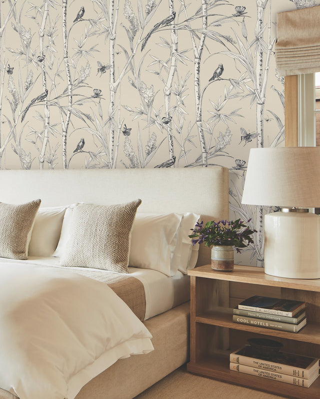Bambou Toile Beige Wallpaper with Botanical Toile Motif - York RT7832