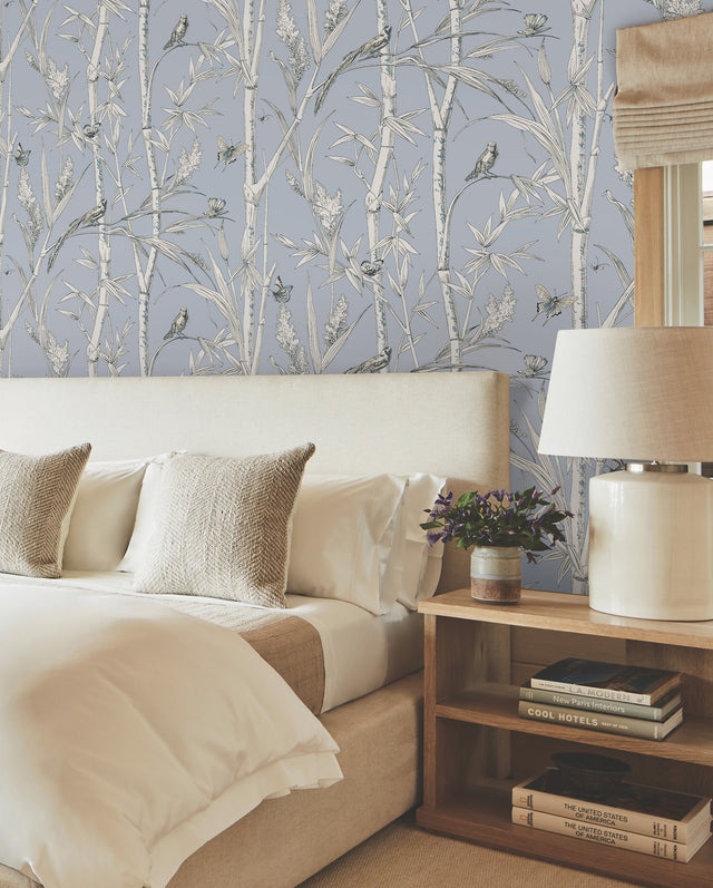 Bambou Toile Sky Blue Wallpaper with Transitional Toile Pattern - York RT7833