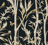 Bambou Toile Black Wallpaper with Metallic Bamboo and Wildlife Motif - York RT7834