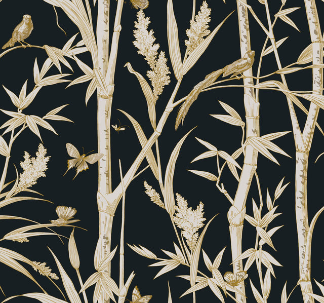 Bambou Toile Black Wallpaper with Metallic Bamboo and Wildlife Motif - York RT7834
