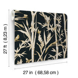 Bambou Toile Black Wallpaper with Metallic Bamboo and Wildlife Motif - York RT7834