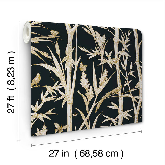 Bambou Toile Black Wallpaper with Metallic Bamboo and Wildlife Motif - York RT7834