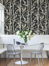 Bambou Toile Black Wallpaper with Metallic Bamboo and Wildlife Motif - York RT7834