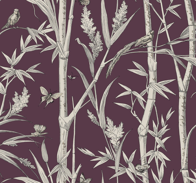 Bambou Toile Burgundy Wallpaper with Botanical Bamboo and Wildlife Motif - York RT7835