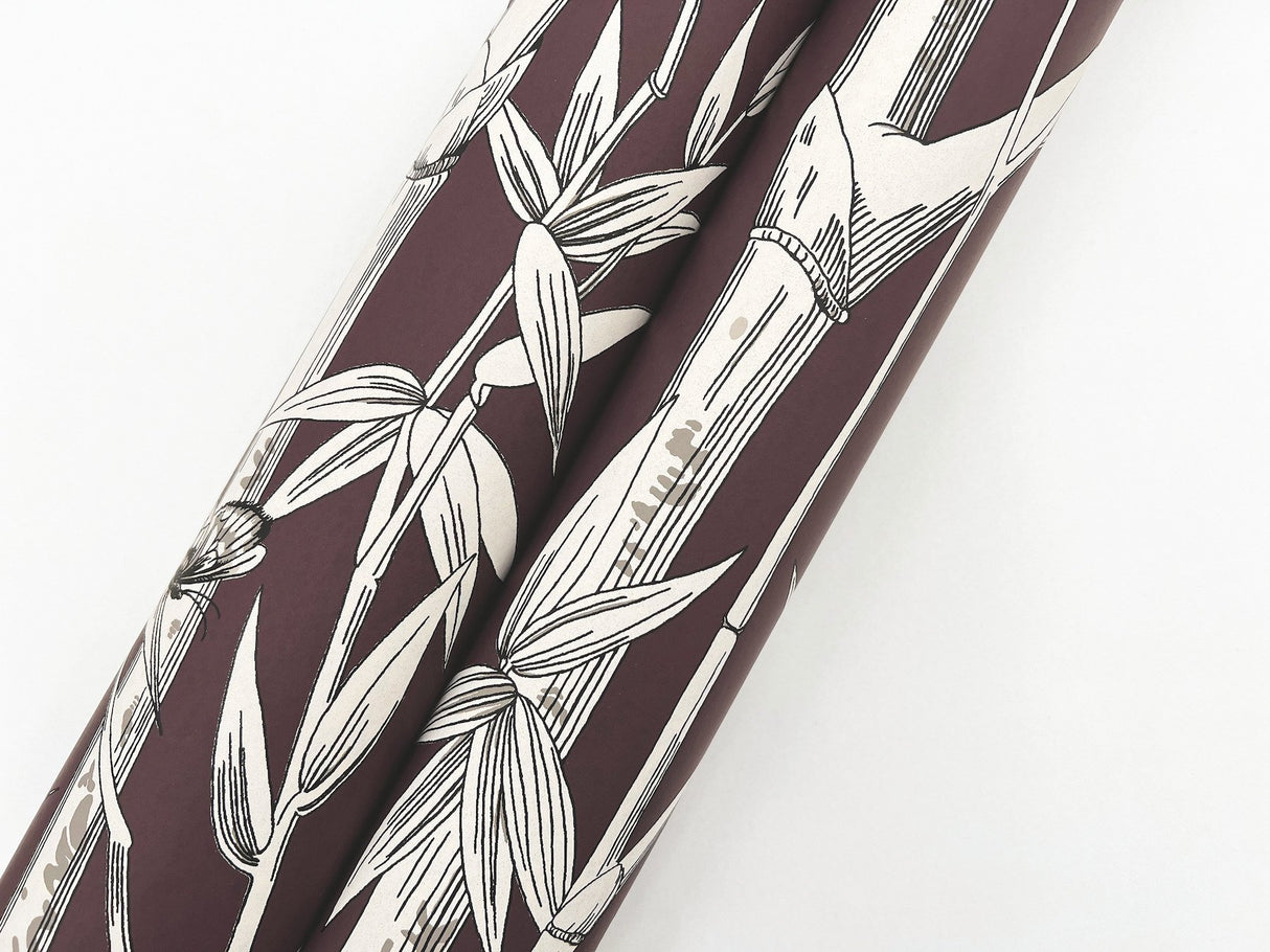 Bambou Toile Burgundy Wallpaper with Botanical Bamboo and Wildlife Motif - York RT7835