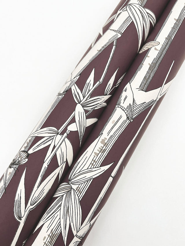 Bambou Toile Burgundy Wallpaper with Botanical Bamboo and Wildlife Motif - York RT7835