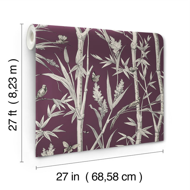 Bambou Toile Burgundy Wallpaper with Botanical Bamboo and Wildlife Motif - York RT7835
