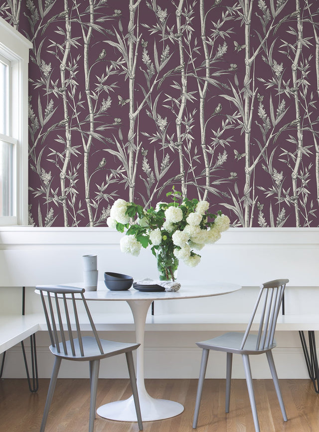 Bambou Toile Burgundy Wallpaper with Botanical Bamboo and Wildlife Motif - York RT7835