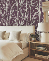 Bambou Toile Burgundy Wallpaper with Botanical Bamboo and Wildlife Motif - York RT7835