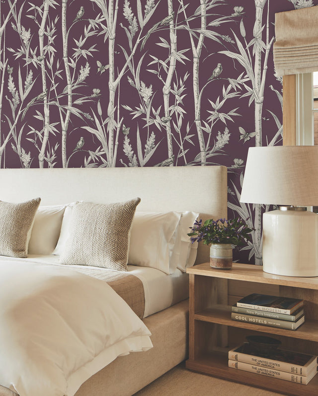 Bambou Toile Burgundy Wallpaper with Botanical Bamboo and Wildlife Motif - York RT7835
