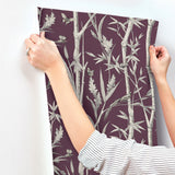 Bambou Toile Burgundy Wallpaper with Botanical Bamboo and Wildlife Motif - York RT7835