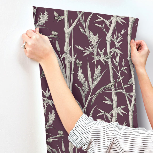 Bambou Toile Burgundy Wallpaper with Botanical Bamboo and Wildlife Motif - York RT7835