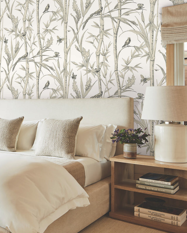 Bambou Toile White Wallpaper with Transitional Toile Pattern - York RT7836