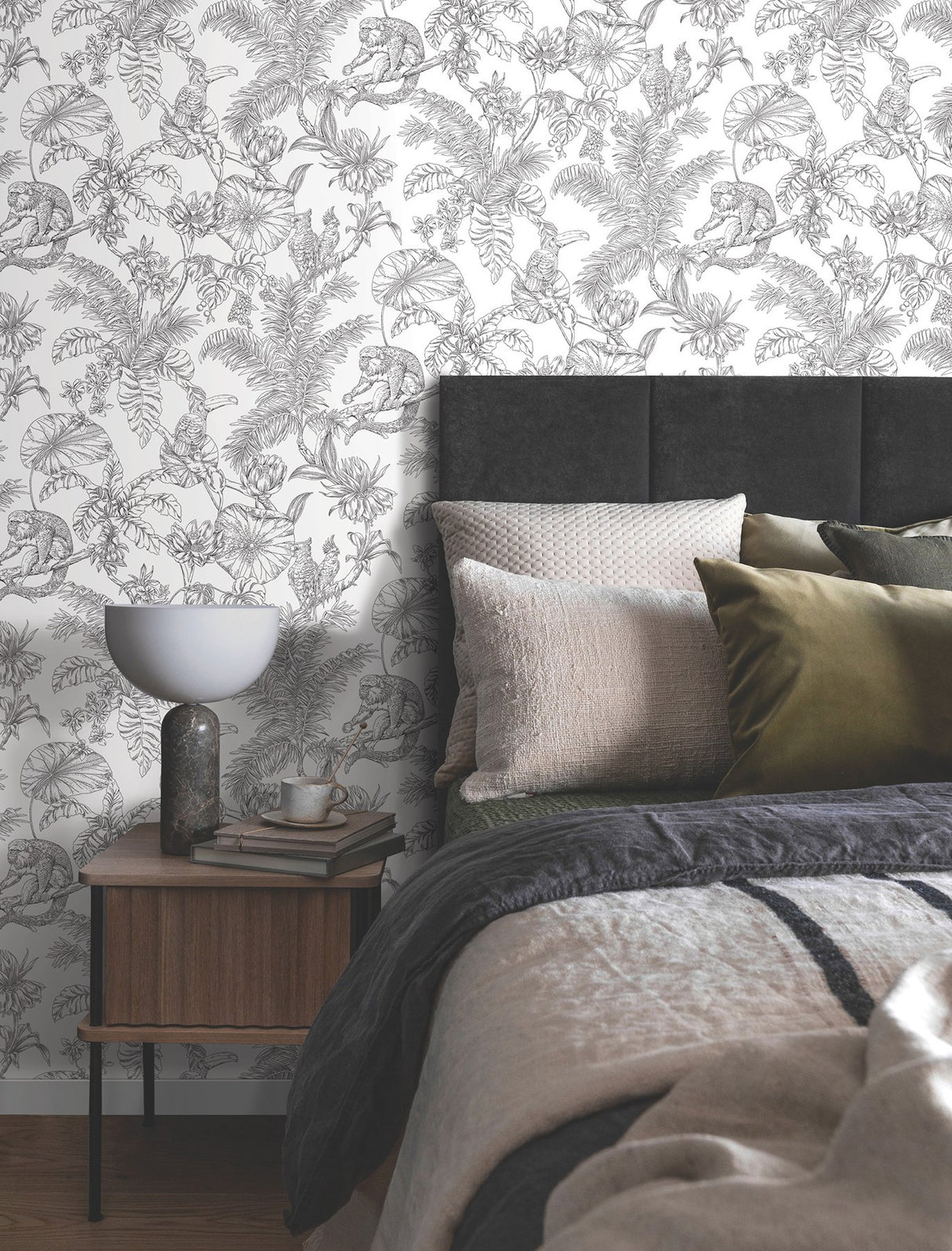 Tropical Sketch Toile Black Wallpaper with Eclectic Toile Pattern - York RT7841