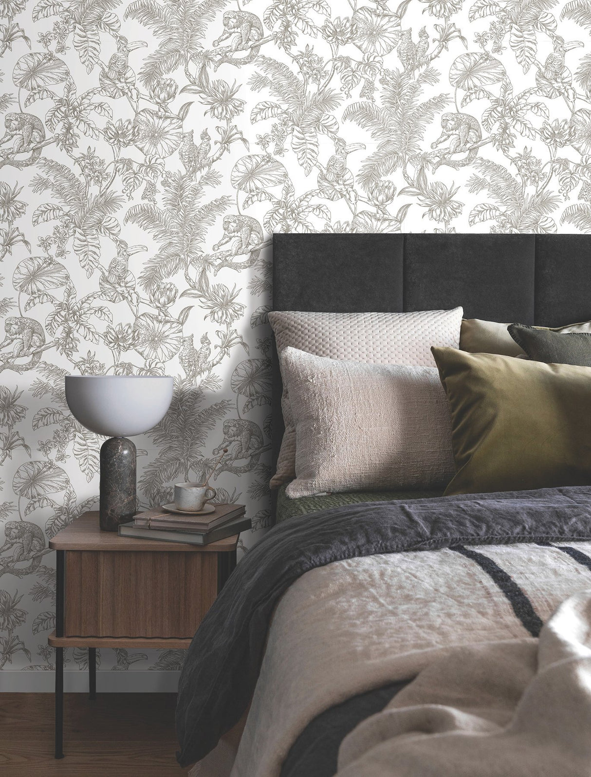 Tropical Sketch Toile Brown Wallpaper with Eclectic Toile Pattern - York RT7843