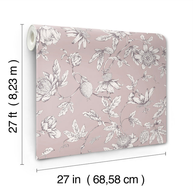 Passion Flower Toile Orchid Wallpaper with Traditional Toile Floral Pattern - York RT7851