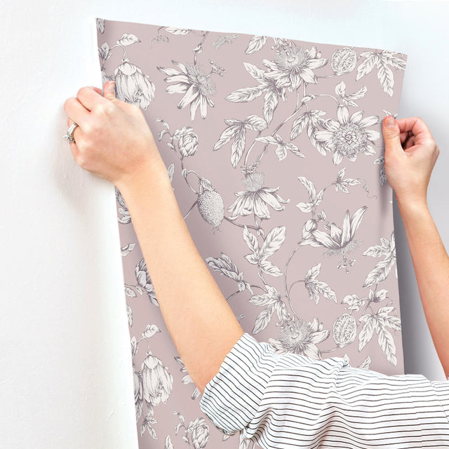 Passion Flower Toile Orchid Wallpaper with Traditional Toile Floral Pattern - York RT7851