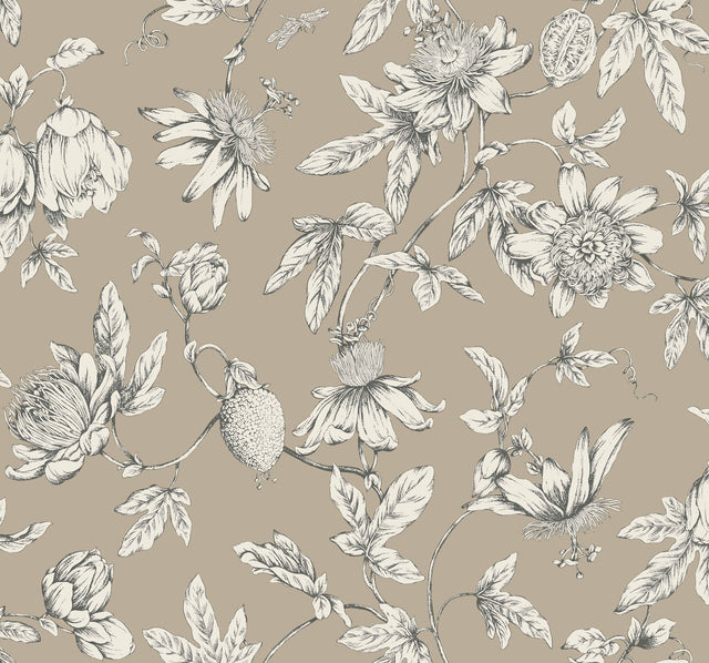 Passion Flower Toile Linen Wallpaper with Traditional Toile Pattern - York RT7852