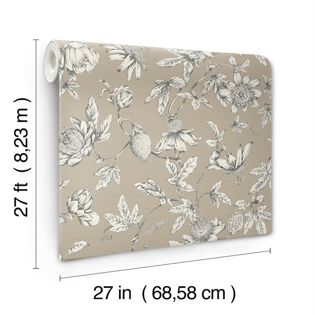Passion Flower Toile Linen Wallpaper with Traditional Toile Pattern - York RT7852