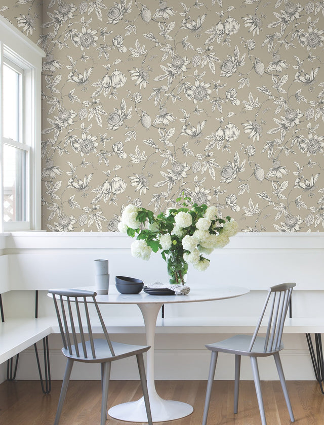 Passion Flower Toile Linen Wallpaper with Traditional Toile Pattern - York RT7852