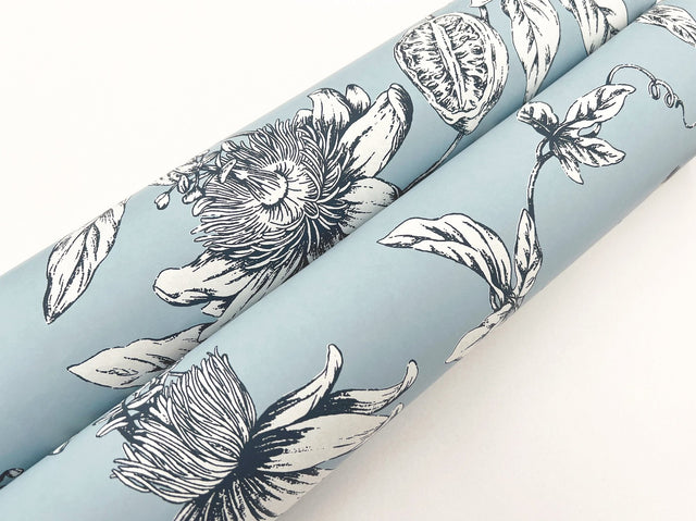 Passion Flower Toile Sky Blue Wallpaper with Floral Toile Pattern - York RT7853