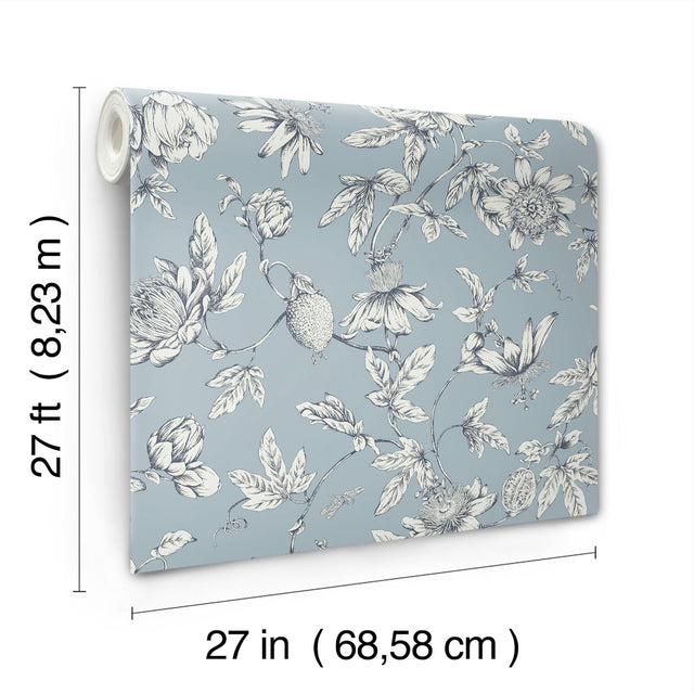Passion Flower Toile Sky Blue Wallpaper with Floral Toile Pattern - York RT7853