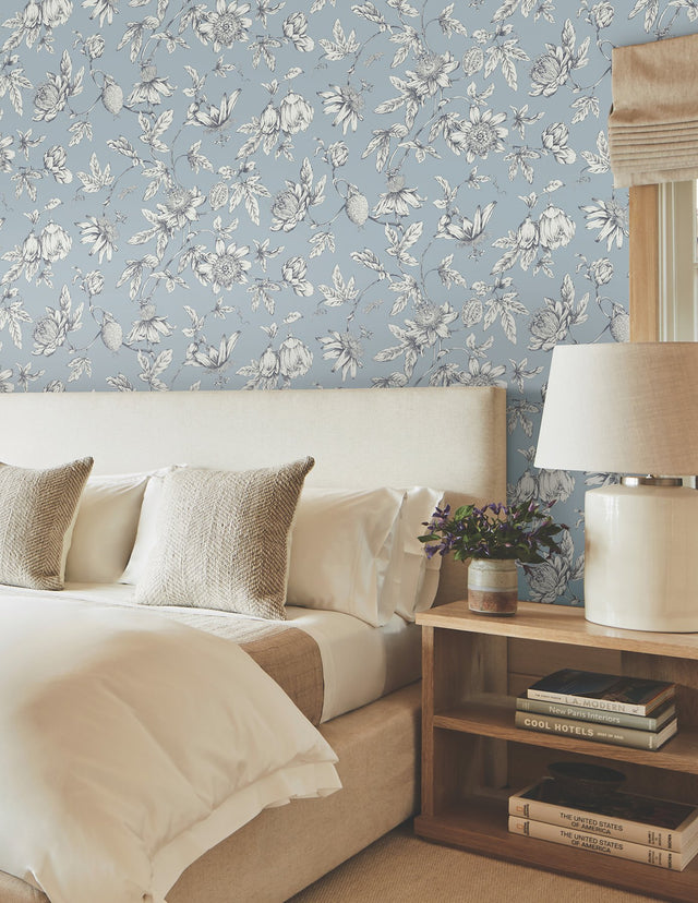 Passion Flower Toile Sky Blue Wallpaper with Floral Toile Pattern - York RT7853