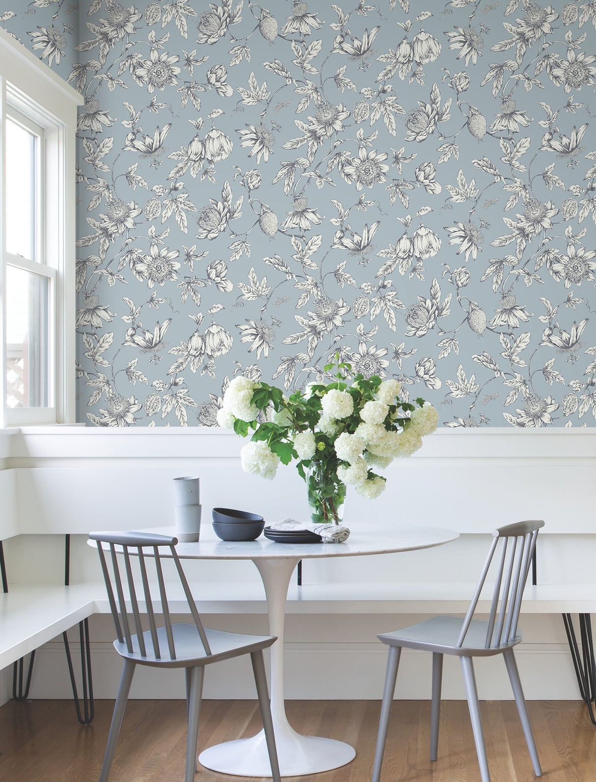 Passion Flower Toile Sky Blue Wallpaper with Floral Toile Pattern - York RT7853