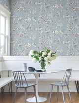 Passion Flower Toile Sky Blue Wallpaper with Floral Toile Pattern - York RT7853