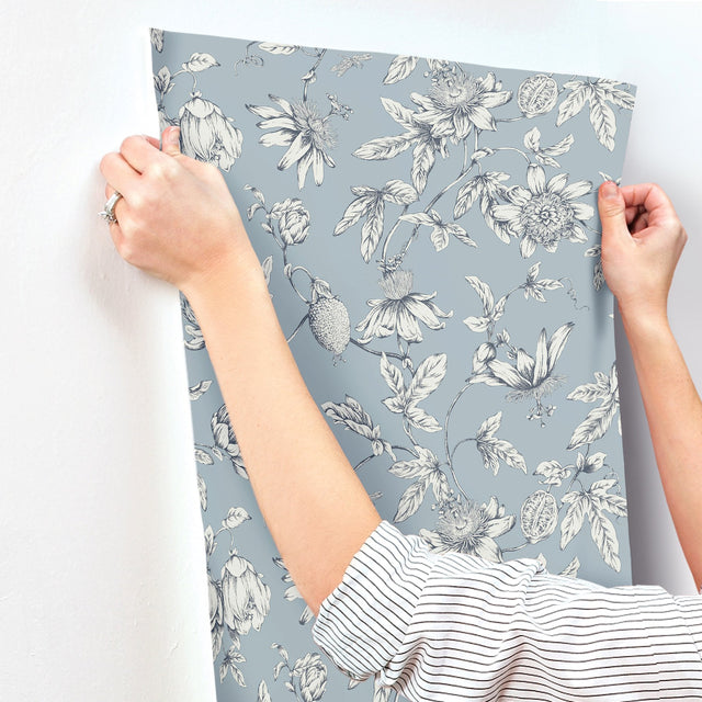 Passion Flower Toile Sky Blue Wallpaper with Floral Toile Pattern - York RT7853
