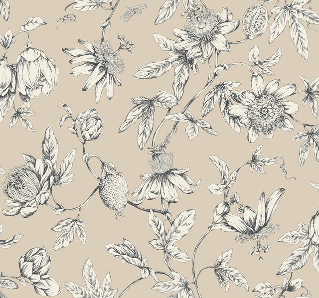Passion Flower Toile Beige Wallpaper with Traditional Toile Floral Motif - York RT7854