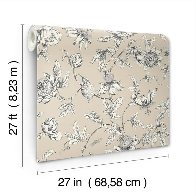 Passion Flower Toile Beige Wallpaper with Traditional Toile Floral Motif - York RT7854
